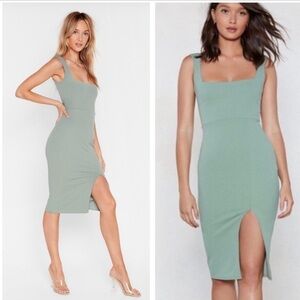 Nasty Gal Square Neck Bodycon Slit Midi Dress US 10 Sage Green Women’s NWT